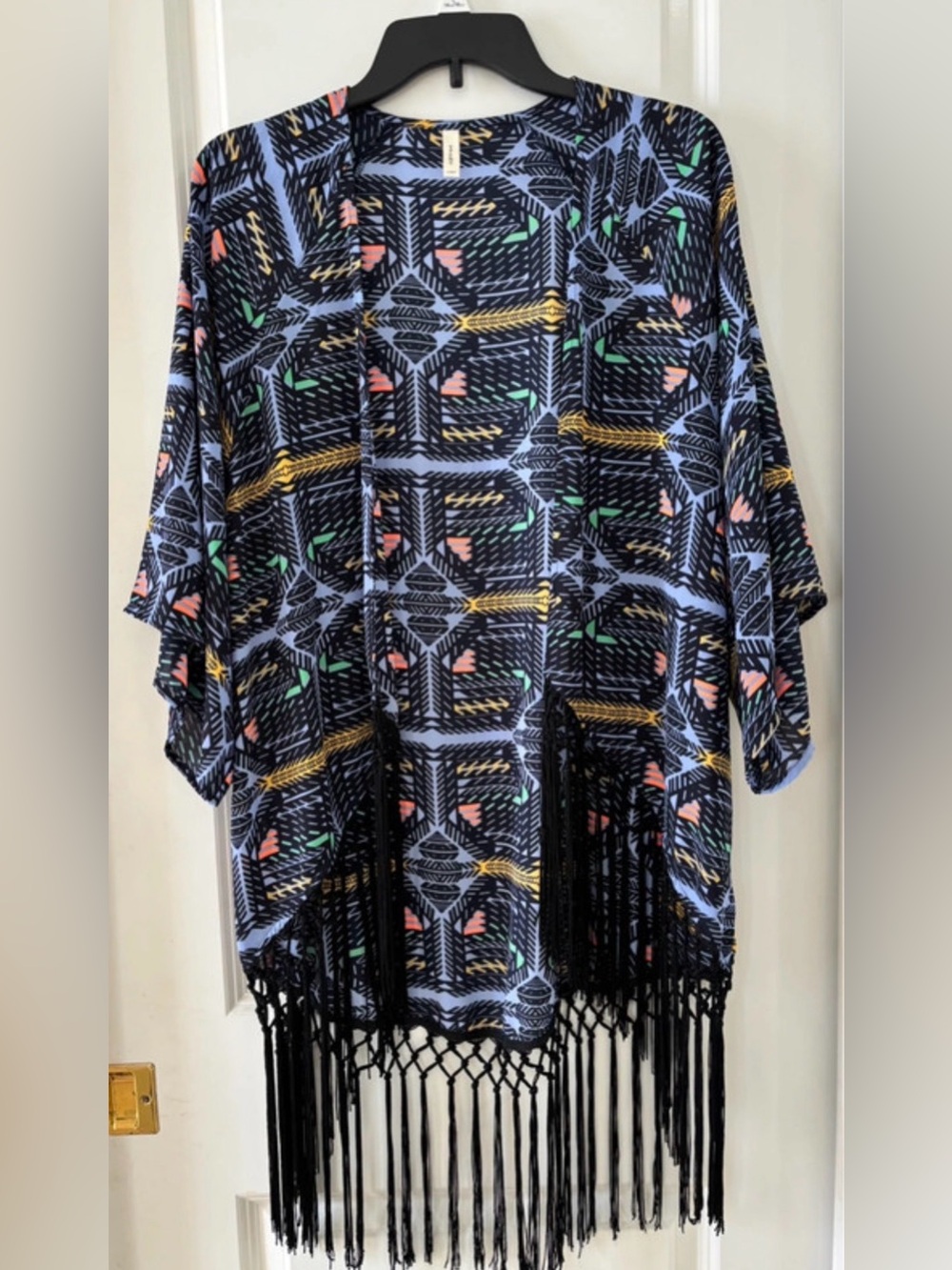 Women's Black Fringe Kimono Cardigan with Geometric Print